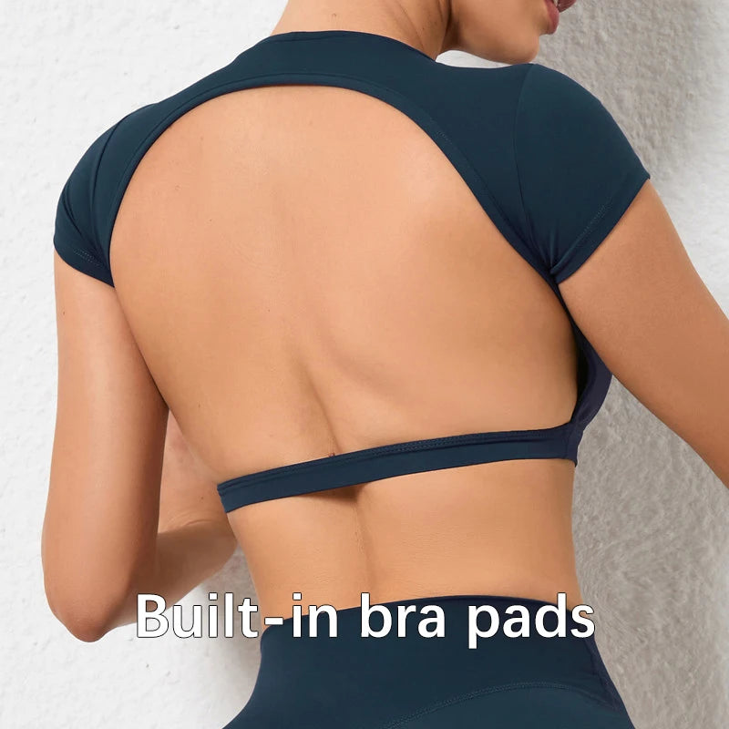 Women's Crop Top Sports Shirt with Built-In Chest Pads