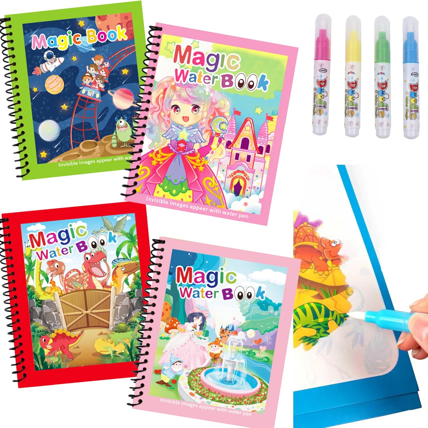 Magic Water Coloring Book for Kids with Water Pen – Animal Cartoon Reusable Drawing Book