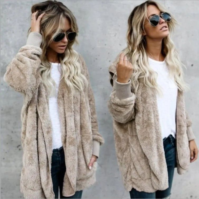 Women's Fleece Hooded Cardigan Coat – Warm Plush Jacket