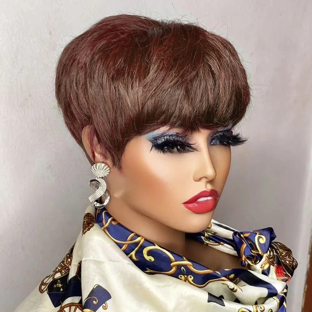Brown Short Pixie Cut Wig Human Hair Black Women Machine Made Wigs Bangs Colored Brazilian