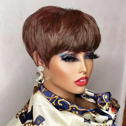 Brown Short Pixie Cut Wig Human Hair Black Women Machine Made Wigs Bangs Colored Brazilian