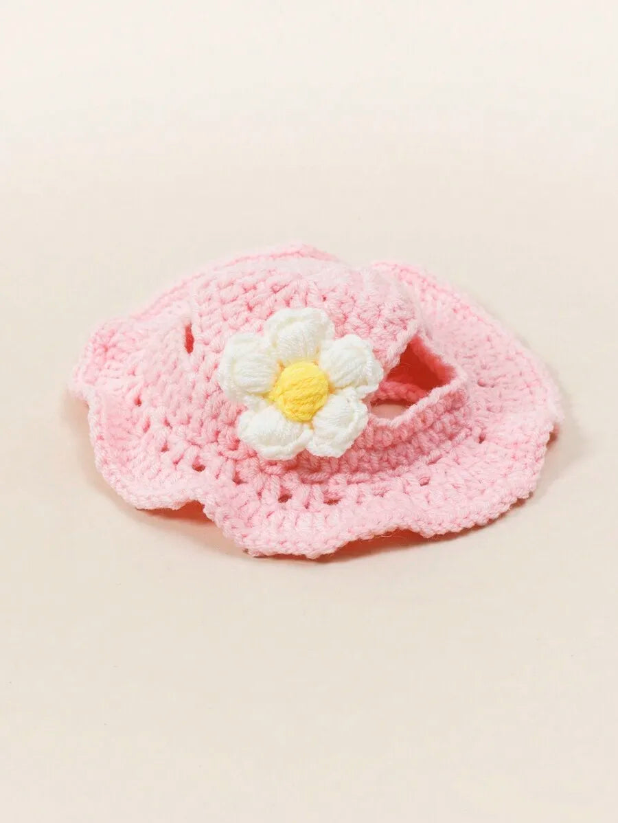 Knitted Pet Bucket Hat with Flower for Cats & Small Dogs