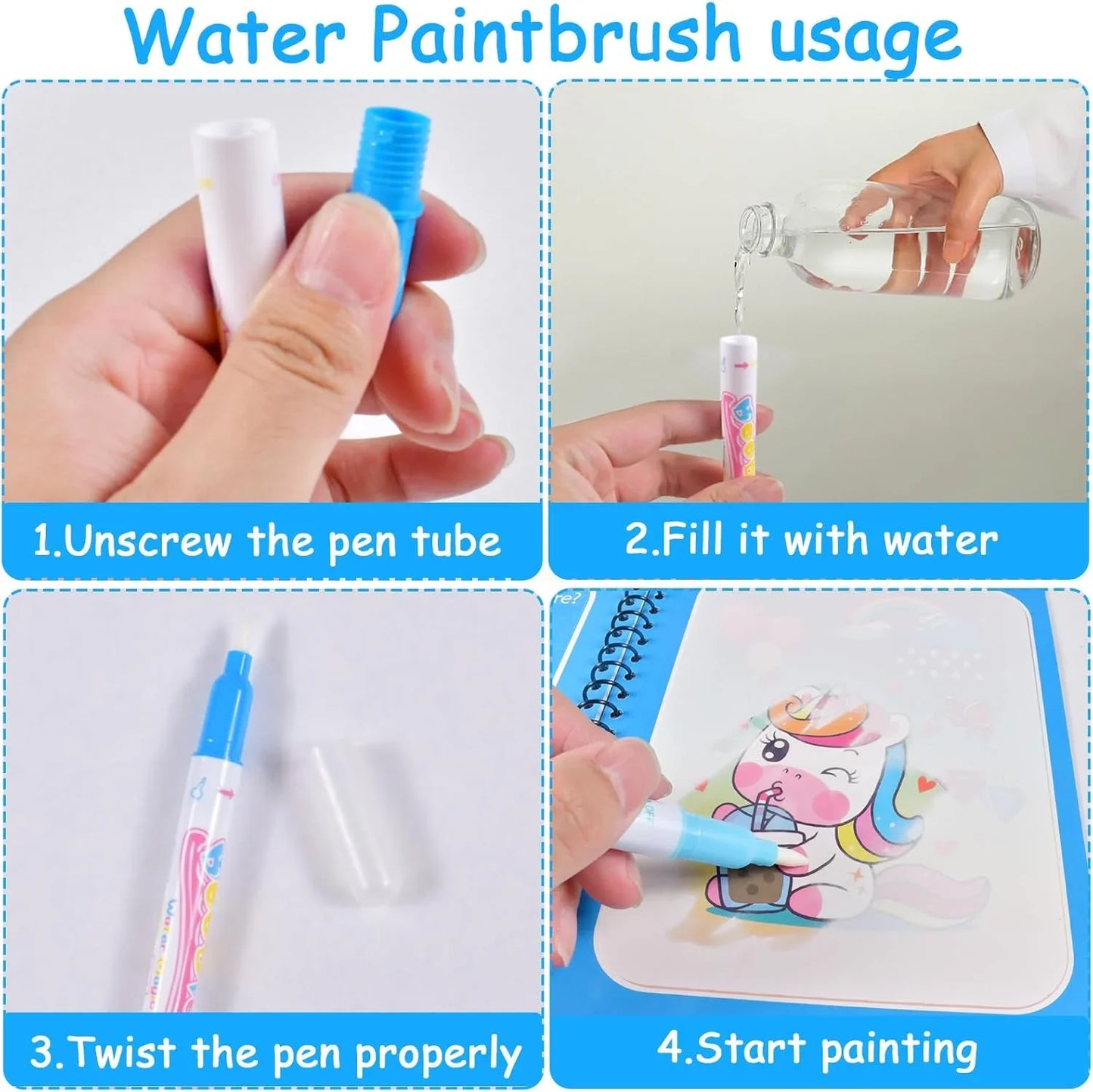 Magic Water Coloring Book for Kids with Water Pen – Animal Cartoon Reusable Drawing Book