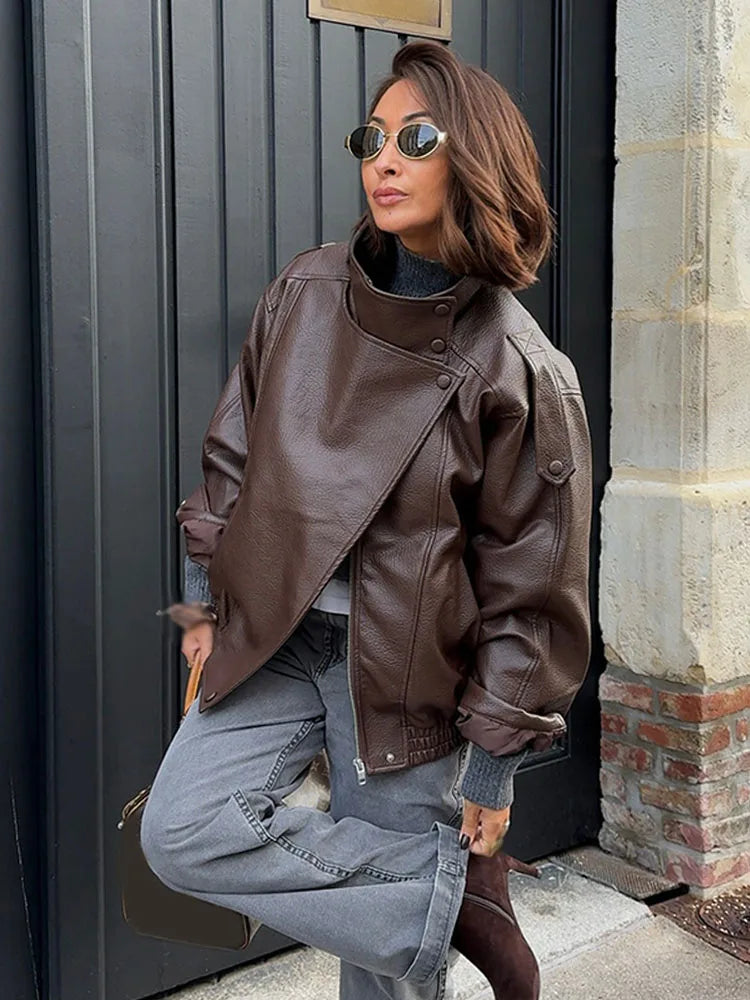 Women's Oversized Faux Leather Jacket – Asymmetric Button Loose Coat