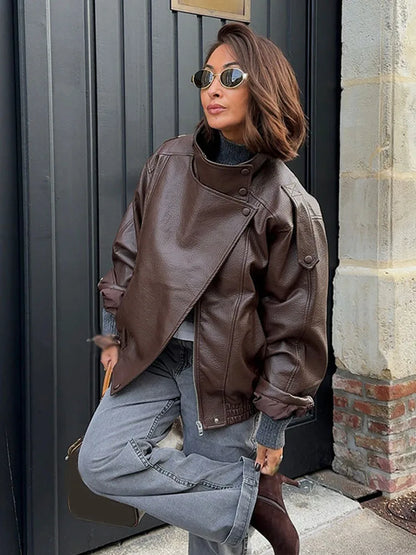 Women's Oversized Faux Leather Jacket – Asymmetric Button Loose Coat