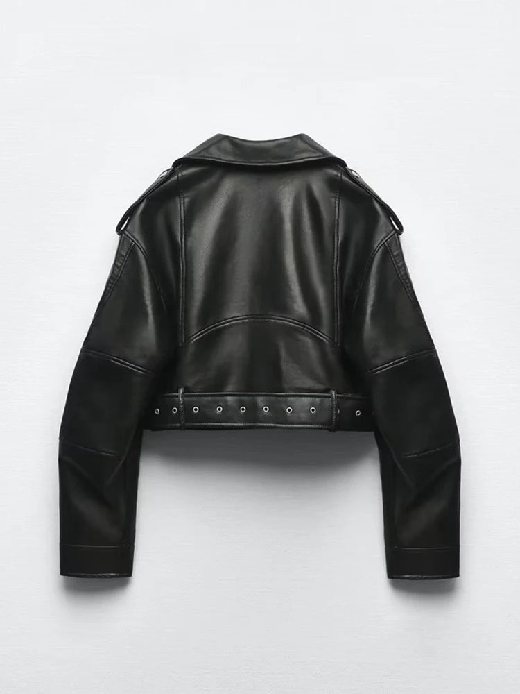 Women's Faux Leather Moto Jacket with Belt – Short Biker Style