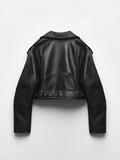 Women's Faux Leather Moto Jacket with Belt – Short Biker Style
