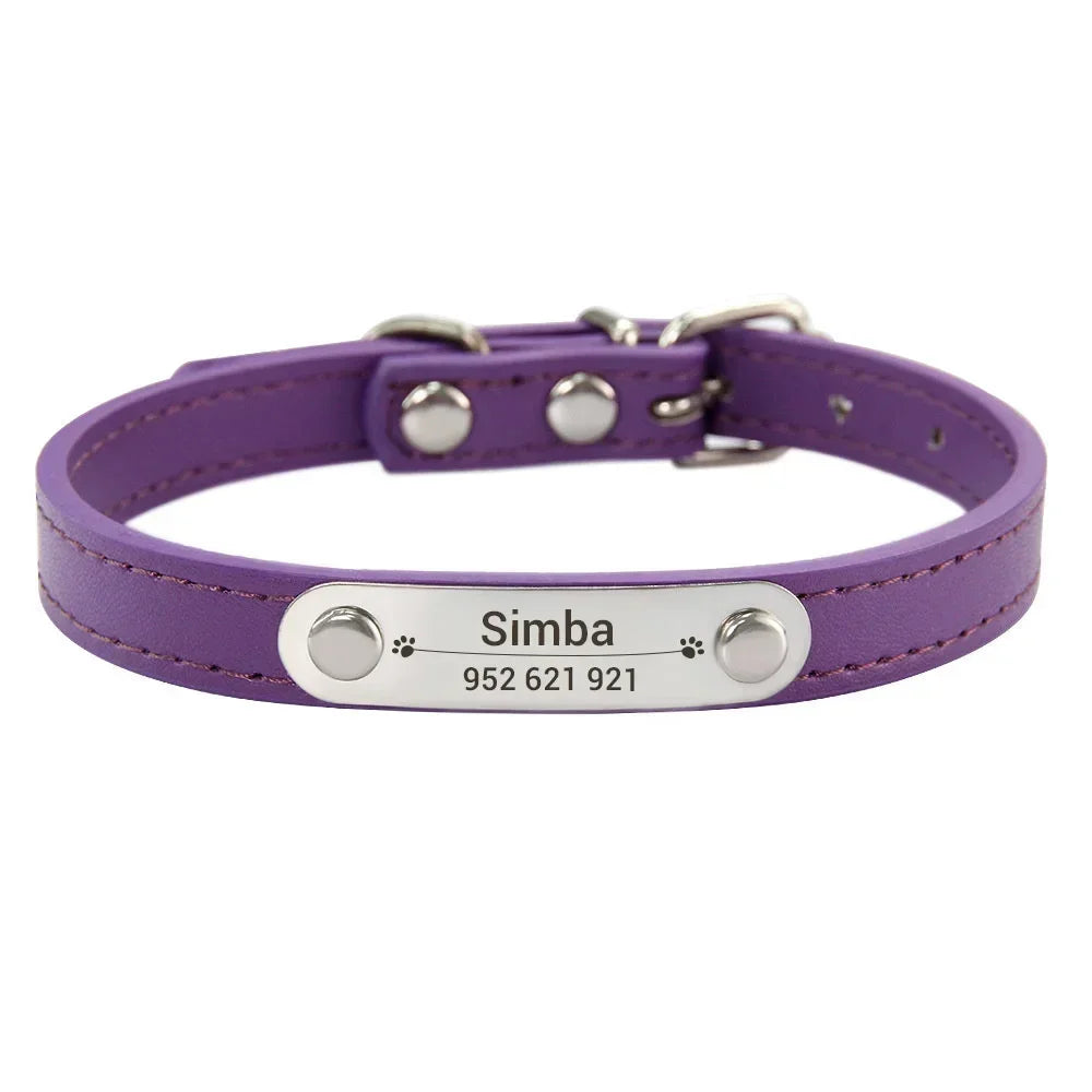 Personalized Dog Collar with Engraved ID Nameplate – PU Leather