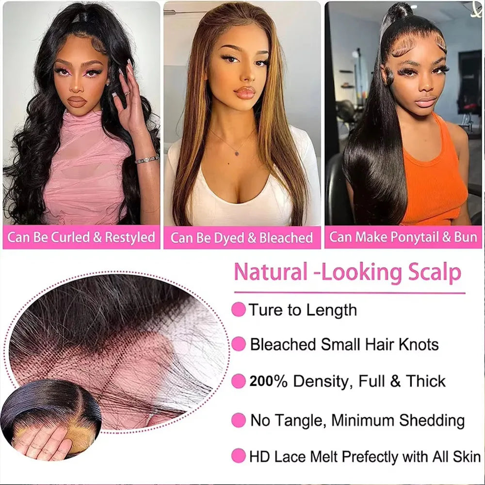 36 Inch Body Wave Lace Front Wigs Human Hair 250 Density 13x4 Hd Pre Plucked Natural Hairline Baby