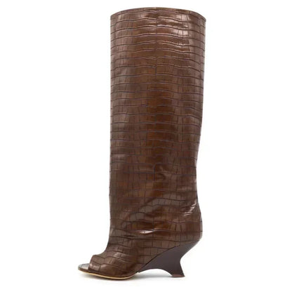 Women's Peep Toe Knee-High Boots with Slant Wedge Heel