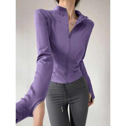 Women's Slim-Fit Zip-Up Yoga Jacket – Long Sleeve Athletic Running Coat