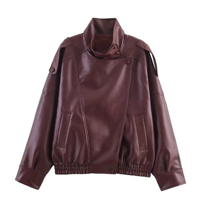 Women's Oversized Faux Leather Jacket – Casual Chic Button Coat