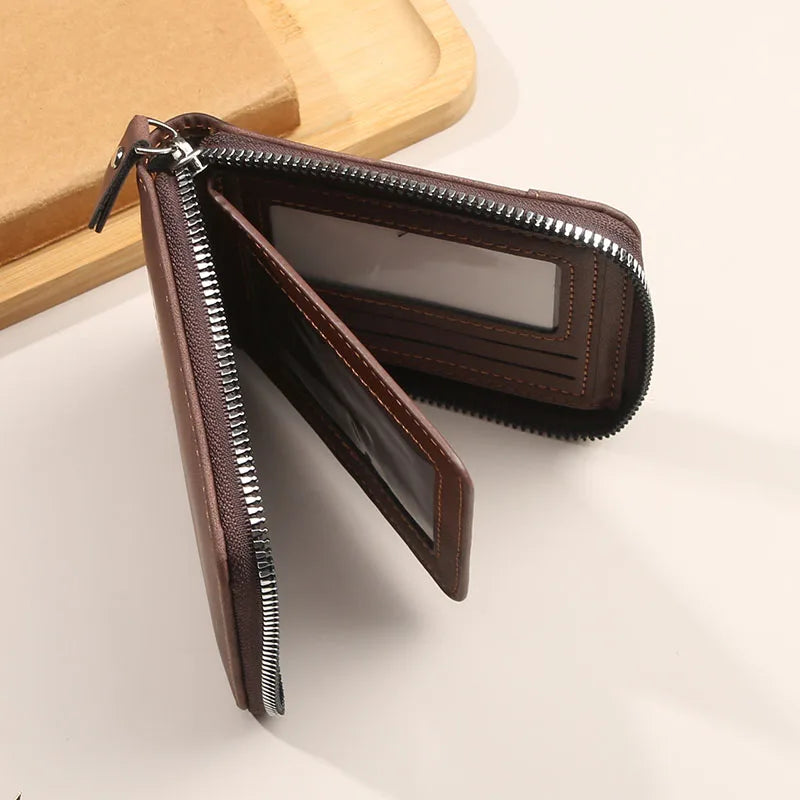 Men's Zipper Wallet – Short Trifold Retro PU Leather Bifold