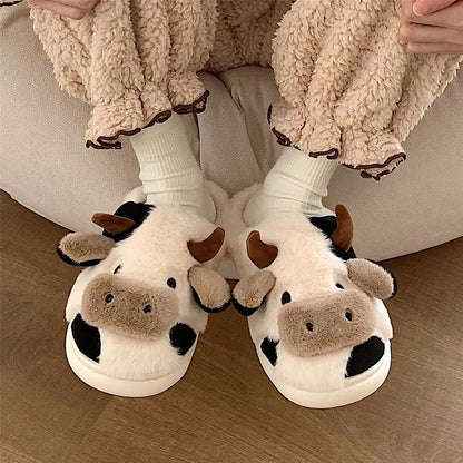 Cow Pattern Plush Slippers Winter Warm Non-Slip Cozy Cute Home Couples Men