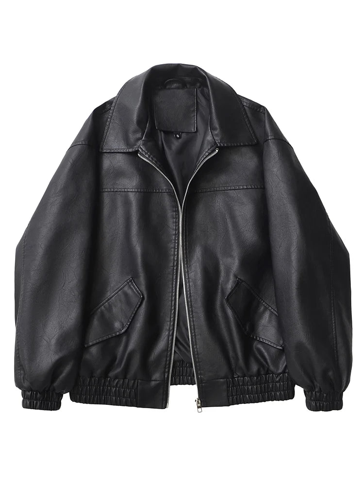 Women's Oversized Faux Leather Zip Jacket – Retro Streetwear Coat