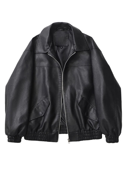Women's Oversized Faux Leather Zip Jacket – Retro Streetwear Coat