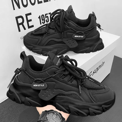 Men's Chunky Leather Sneakers – Breathable Thick Sole Casual Shoes