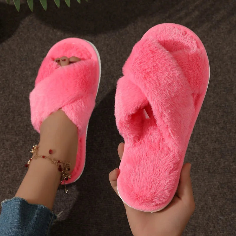 Cross Strap Fur Slippers Women Indoor Light Warm Plush Home Woman Faux Flat Heel Couple Slides Plus