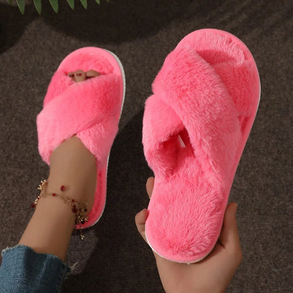 Cross Strap Fur Slippers Women Indoor Light Warm Plush Home Woman Faux Flat Heel Couple Slides Plus
