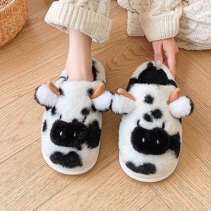 Cute Cow Fluffy Slippers for Women – Fuzzy Plush House Slides