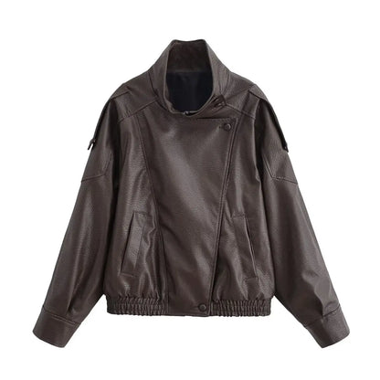 Women's Oversized Faux Leather Jacket – Asymmetric Button Loose Coat