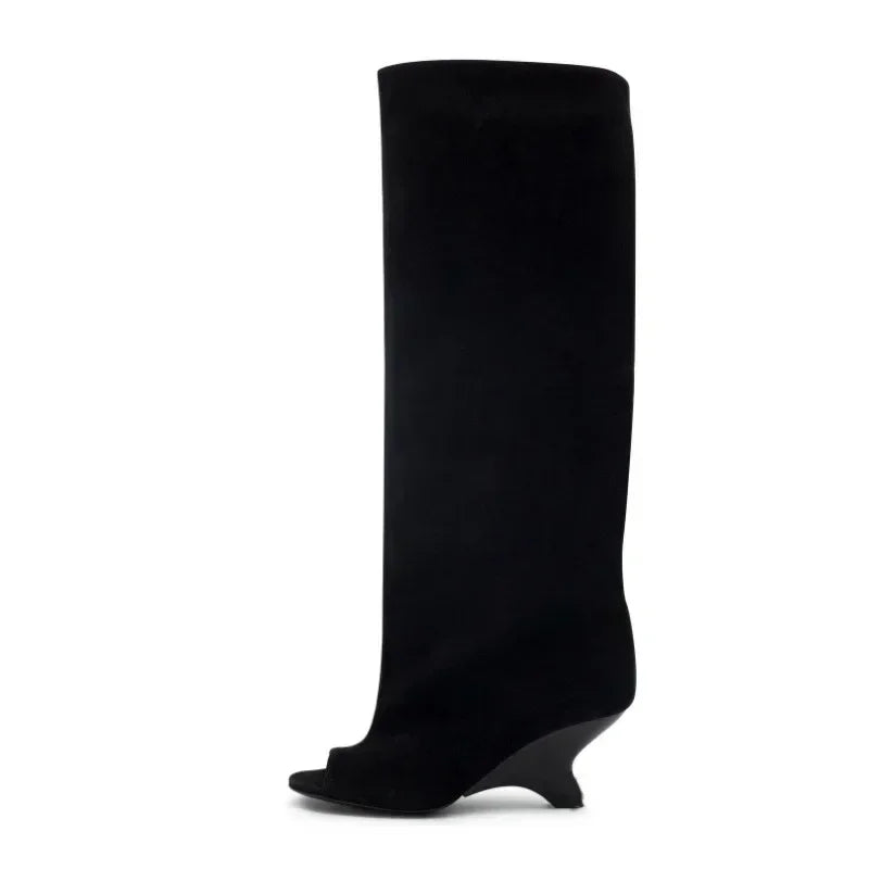 Women's Peep Toe Knee-High Boots with Slant Wedge Heel