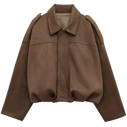Women's Suede Cropped Bomber Jacket – Oversized Batwing Coat