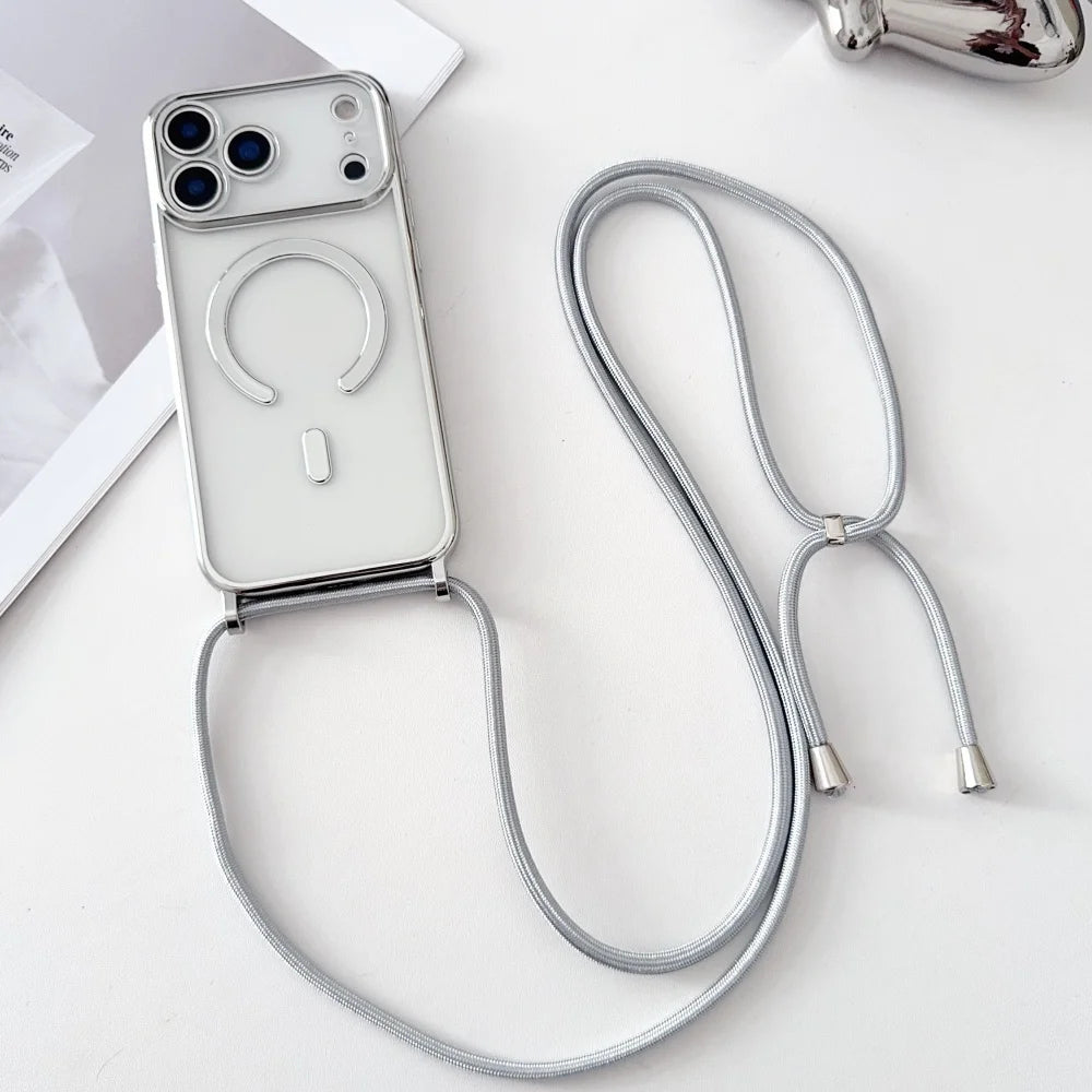 Luxury Necklace Cord Rope Lanyard Plating Magnetic Clear Phone Case Iphone 17 16 14 11 12 13 15 Pro