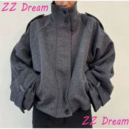 Women's Short Woolen Coat – Stand Collar Zip Jacket