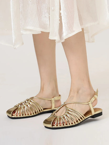 Women's Flat Roman Cage Sandals – Narrow Strap Square Toe