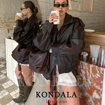 Women's Oversized Faux Leather Jacket – Casual Chic Button Coat