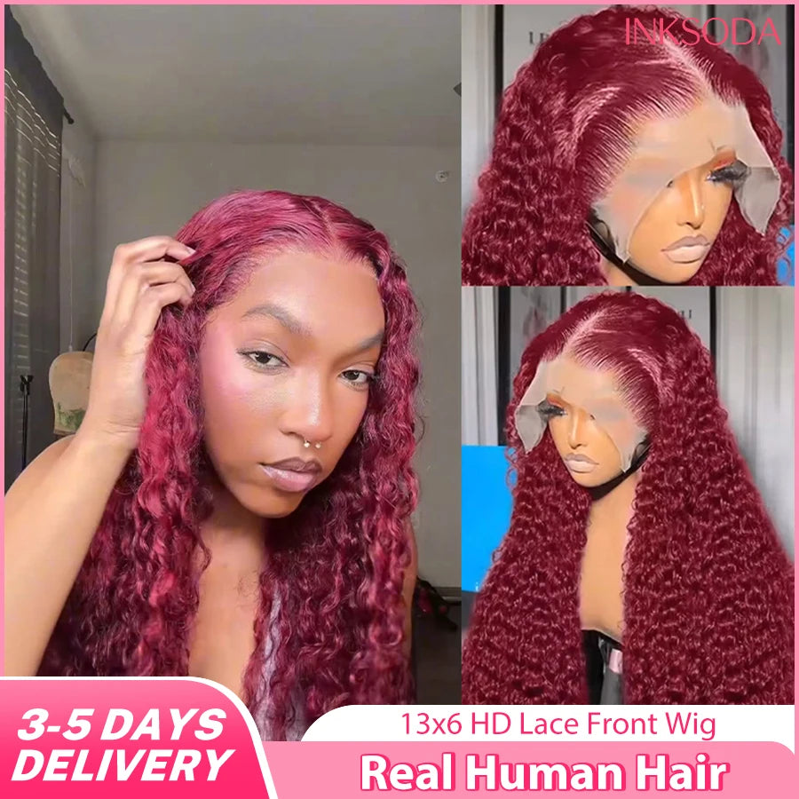 Burgundy HD Lace Front Wig - 99J Curly Human Hair