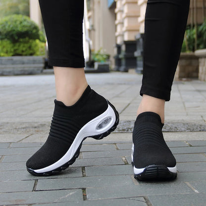Women's Slip-On Platform Sneakers – Breathable Knit Walking Shoes