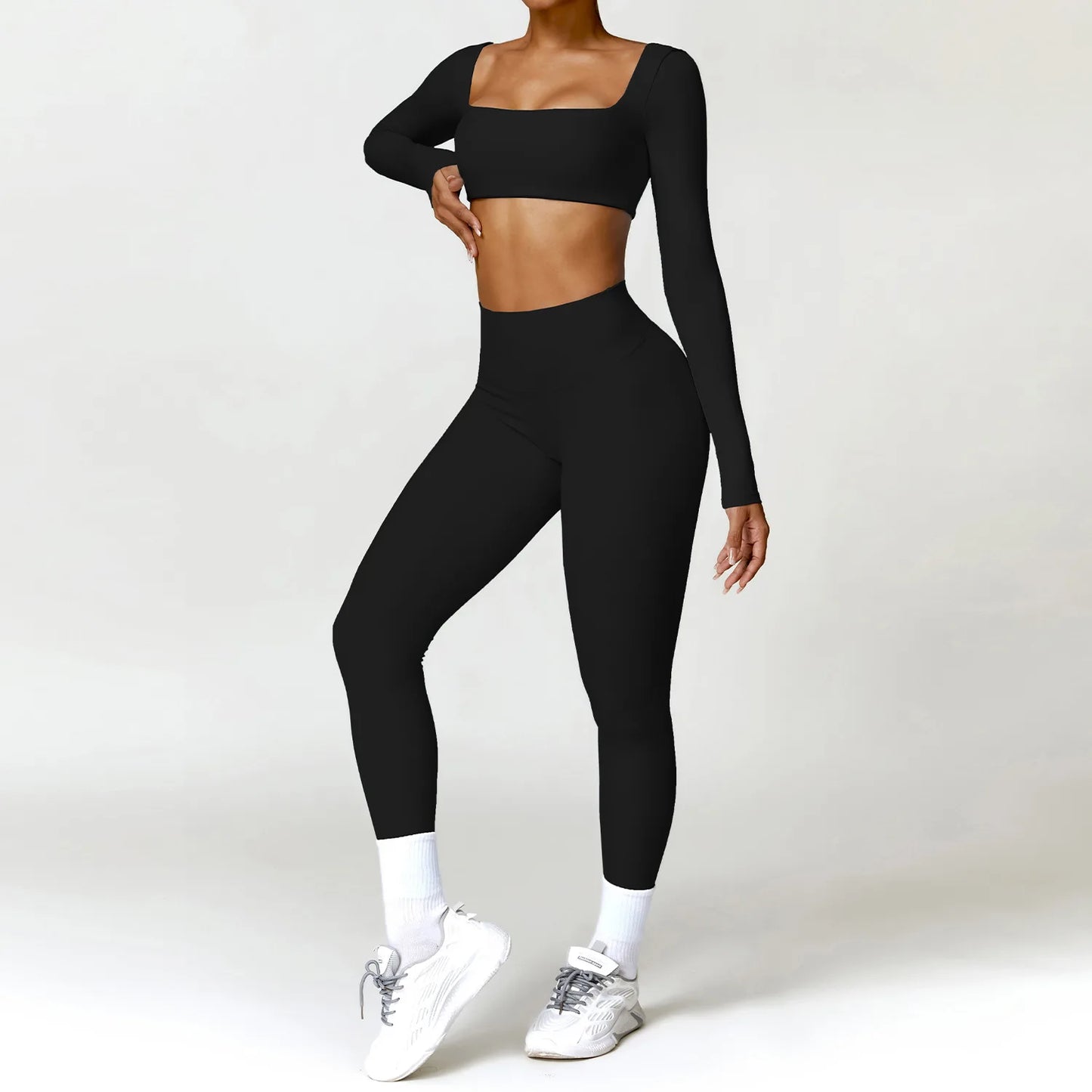 Women's 2-Piece Yoga Set – Long Sleeve Crop Top & Shorts