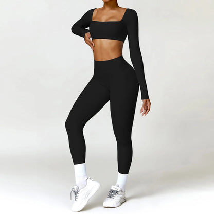 Women's 2-Piece Yoga Set – Long Sleeve Crop Top & Shorts