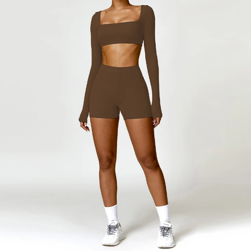 Women's 2-Piece Yoga Set – Long Sleeve Crop Top & Shorts