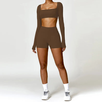 Women's 2-Piece Yoga Set – Long Sleeve Crop Top & Shorts
