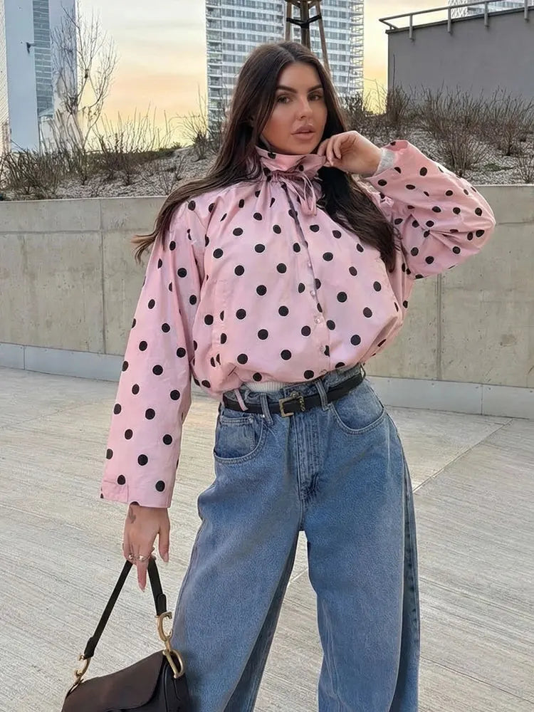 Women's Polka Dot Spring Jacket – Elegant Drawstring Coat