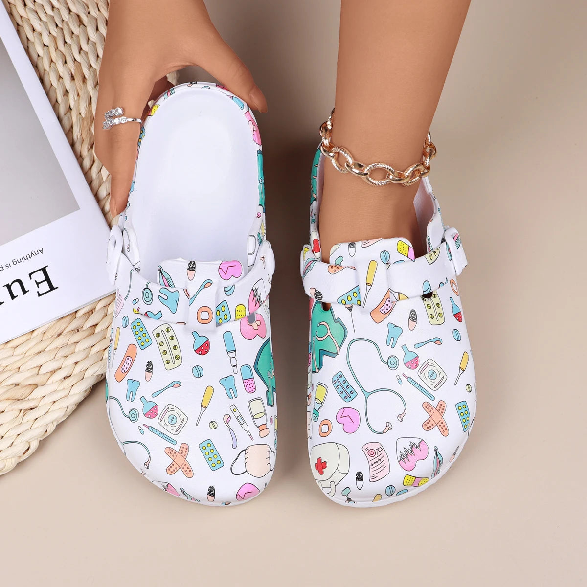 Cartoon Print Nurse Clogs Women – Non-Slip Closed Toe