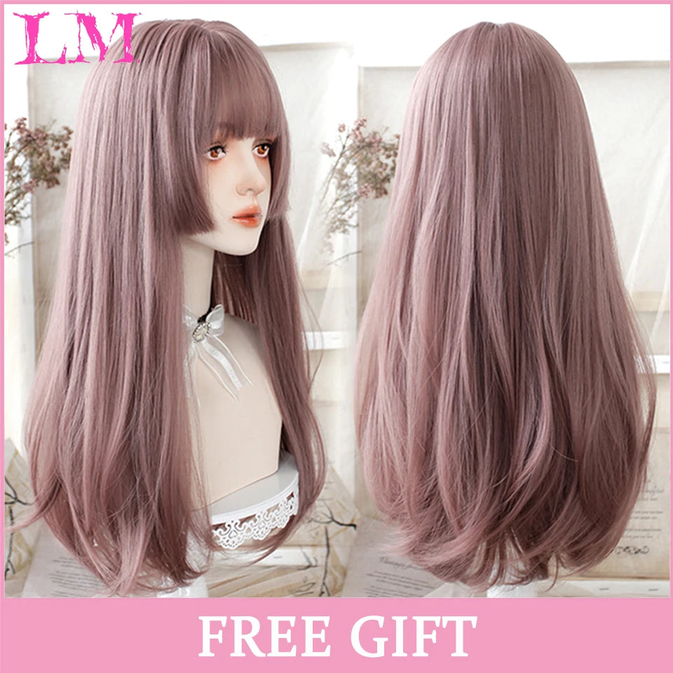 Lm Cosplay Wig Bangs Synthetic Straight Hair 24 Inch Long Heat-Resistant Pink Women