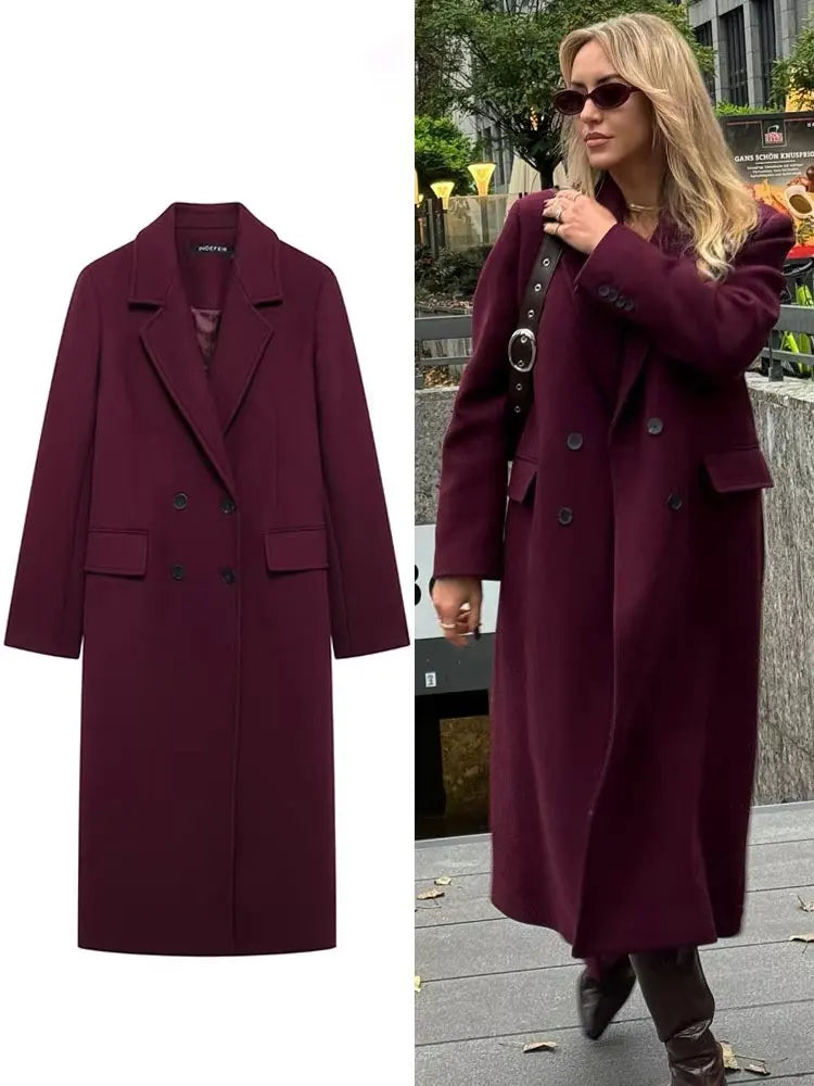 Women's Double-Breasted Wool Blend Coat – Long Lapel Jacket