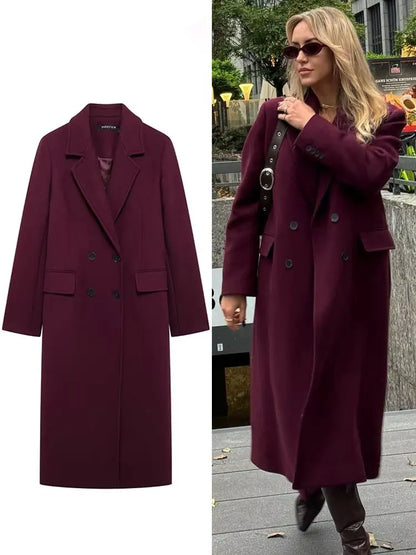 Women's Double-Breasted Wool Blend Coat – Long Lapel Jacket