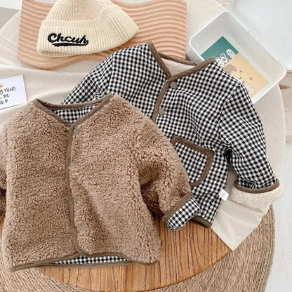 Kids Reversible Plush Jacket – Warm Plaid Sherpa Fleece Coat