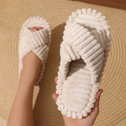 Corduroy Cross Band Home Slippers Women Spring Autumn Warm Plush Slides Woman Indoor Bedroom Soft