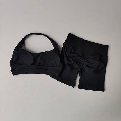 Women's Halter Neck Sports Bra & Scrunch Butt Shorts Set – 2-Piece Activewear