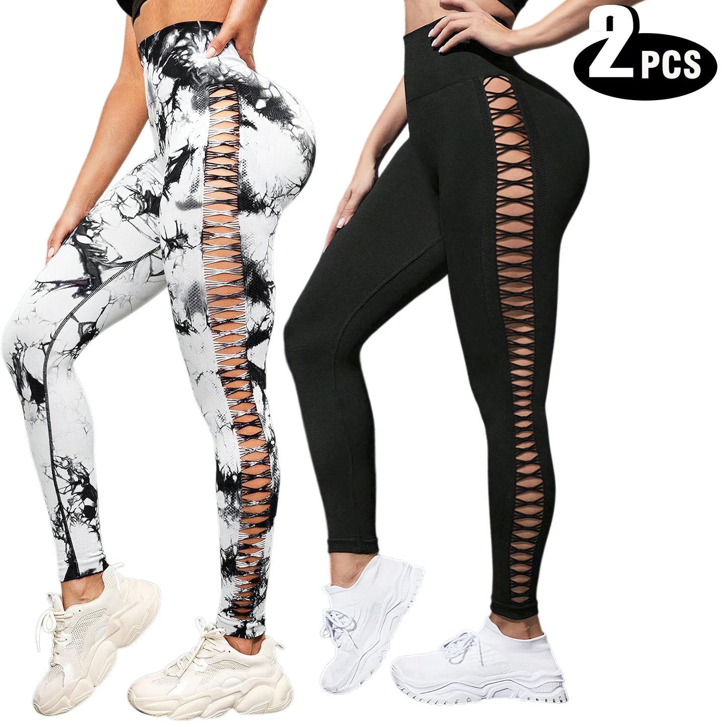 2-Pack Women's High Waist Yoga Leggings with Side Lace-Up Cutout