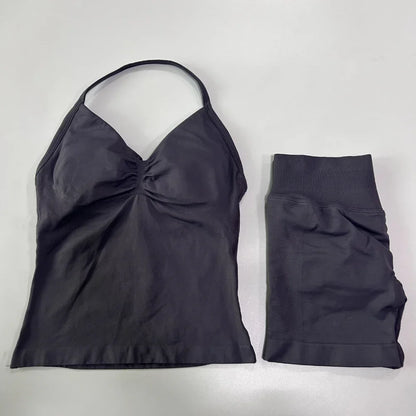 Women's 2-Piece Seamless Workout Set – Backless Tank Top & Scrunch Shorts