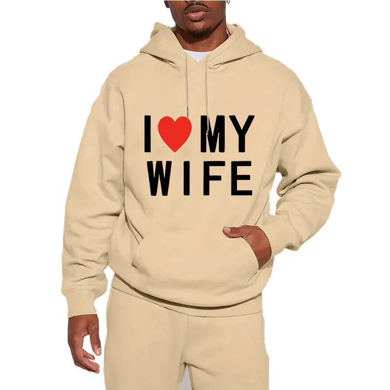 I Love My Wife Heart Print Heavyweight Hoodie Casual Pullover