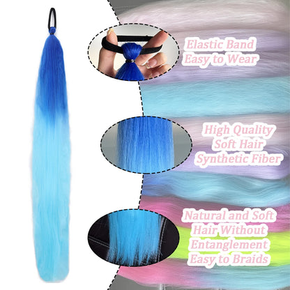 Synthetic Colorful Ponytail Extension 2pcs Long Straight Diy Braided Pony Tail Hairpiece Rubber Band
