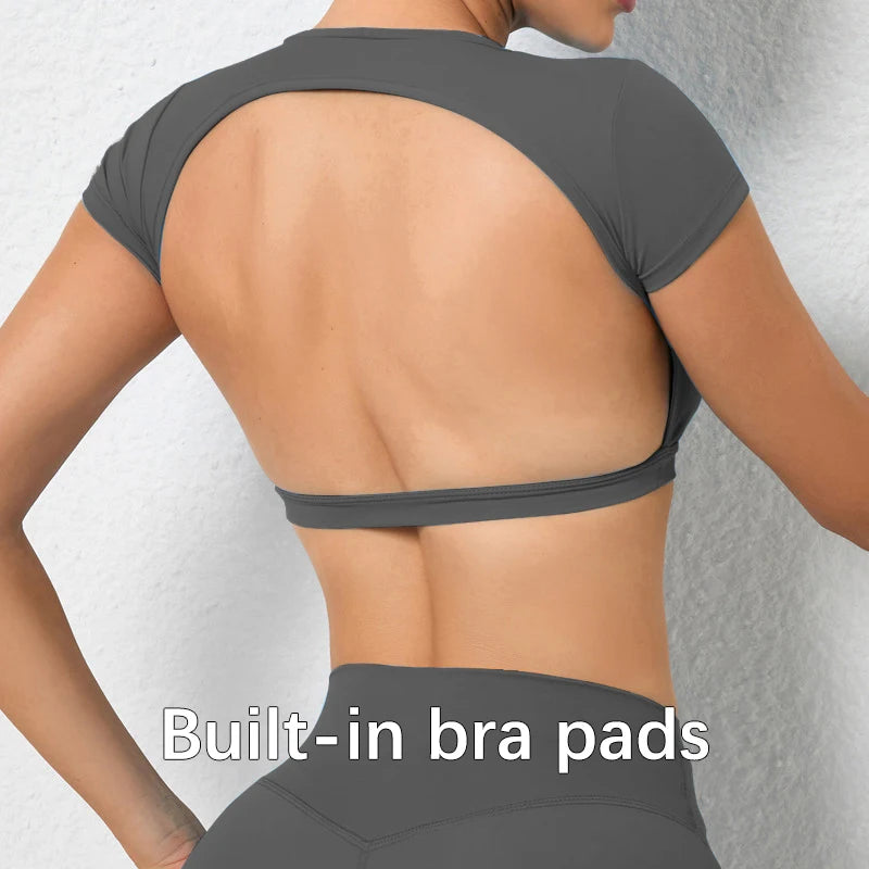 Women's Crop Top Sports Shirt with Built-In Chest Pads
